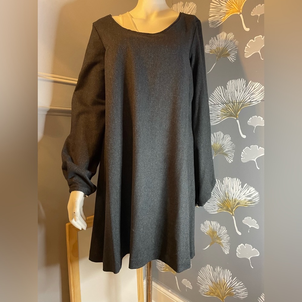 $369 Manila Grace Women's Black Long Sleeve Scoop Neck Shift Dress Size IT46